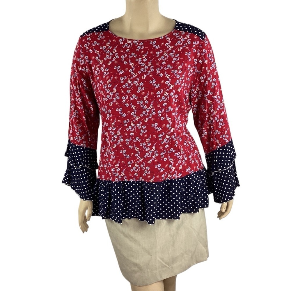 Suzanne Betro Red Floral Polka Dot Ruffle Hem Blouse Top 3X